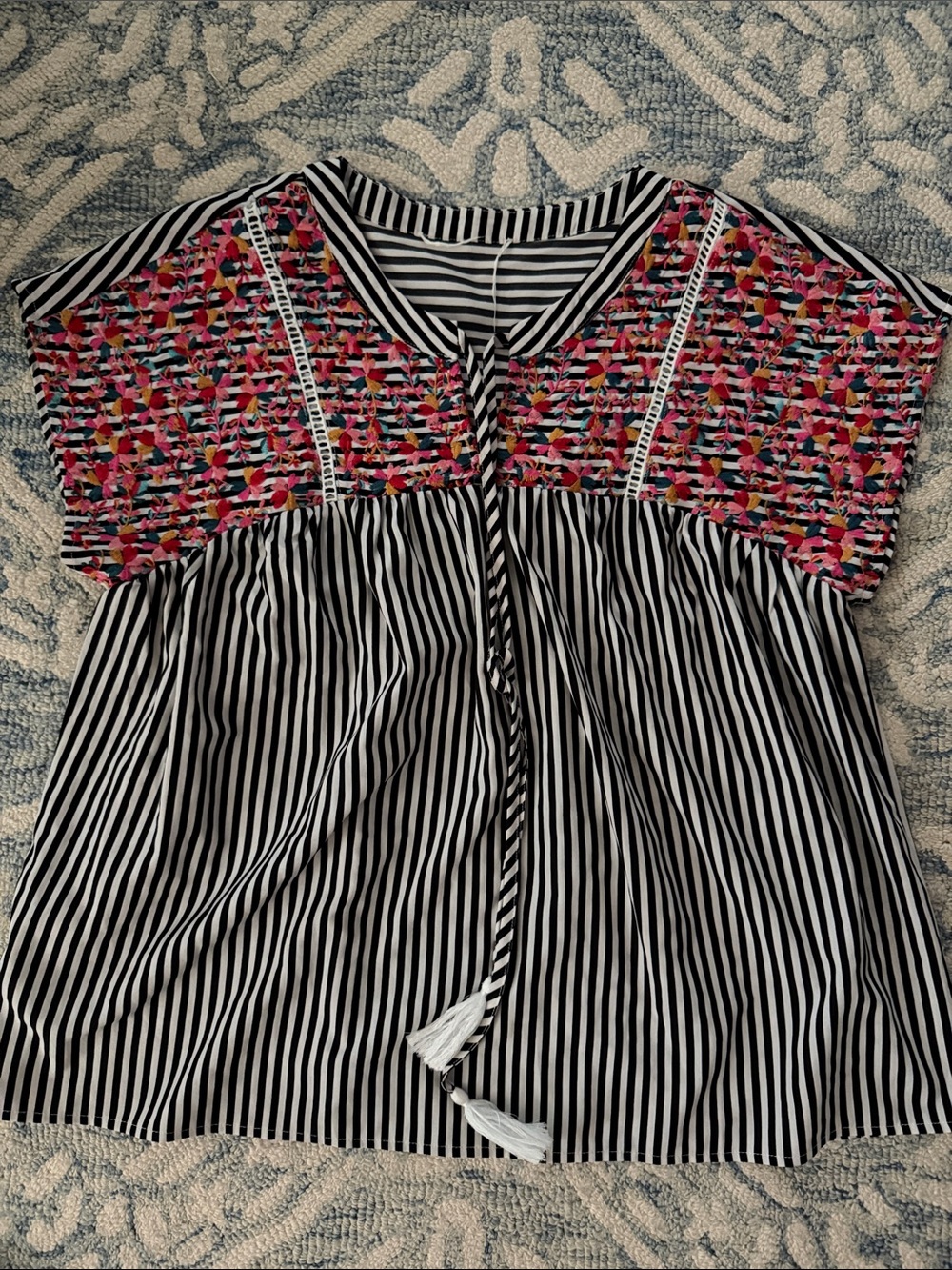 Savanna Jane Black & White Striped Tunic with Pink Multicolor Embroidered Yoke